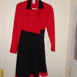 Stylish Black & Red Dress w/Slide Buckles & Ruffle Trim - Misses 12